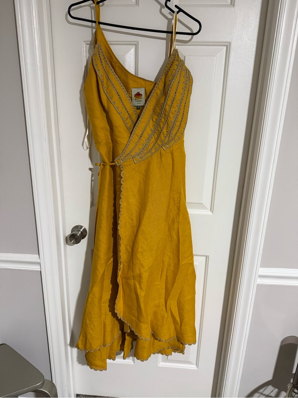 FARM Rio Mustard Yellow Banana Embroidered Wrap Sundress